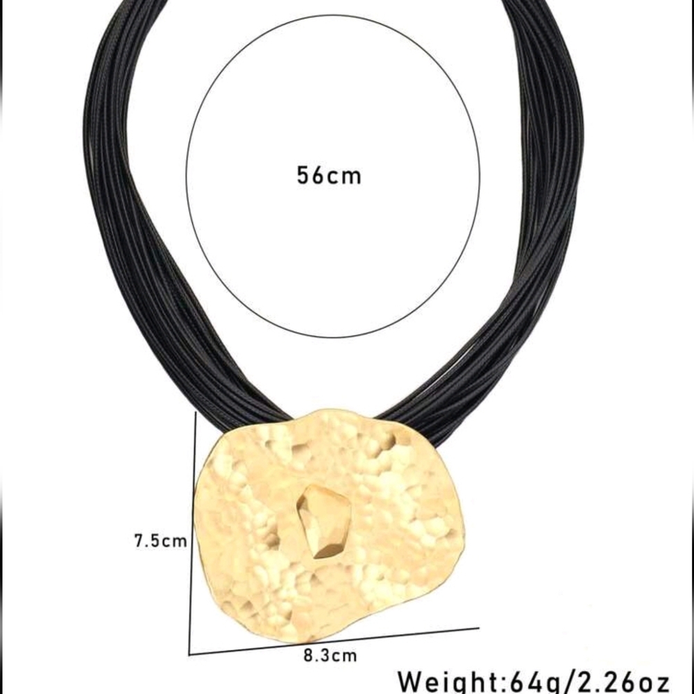Zara Black Cord Collar Statement Necklace with Gold Hammered Pendant, NWOT - Picture 4 of 5